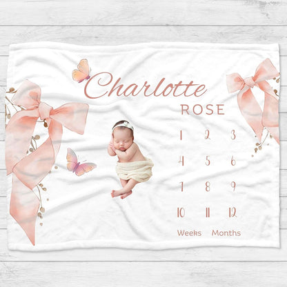 Large Pink Bow Personalized Milestone Blanket