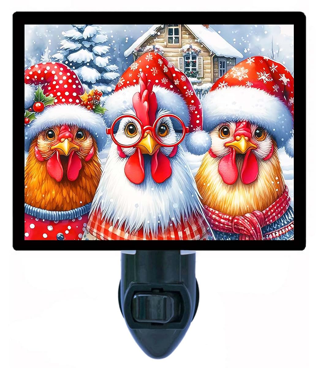 Night Light Designs Christmas Chickens Night Light – Humerous Chicken Design, Fully Enclosed, Rotating Plug, Glass