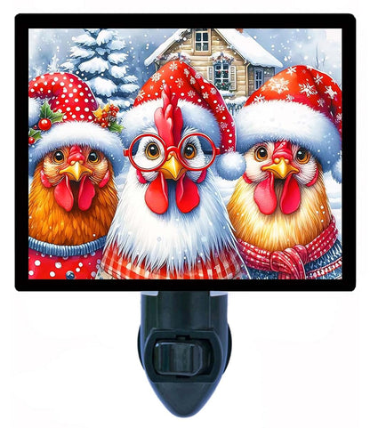 Night Light Designs Christmas Chickens Night Light – Humerous Chicken Design, Fully Enclosed, Rotating Plug, Glass