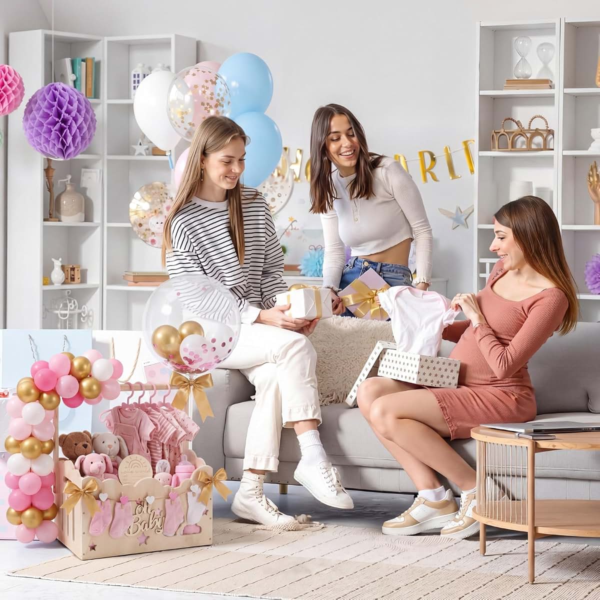 Hollow Pink Wooden Baby Shower Crate Closet With Hanger Rack