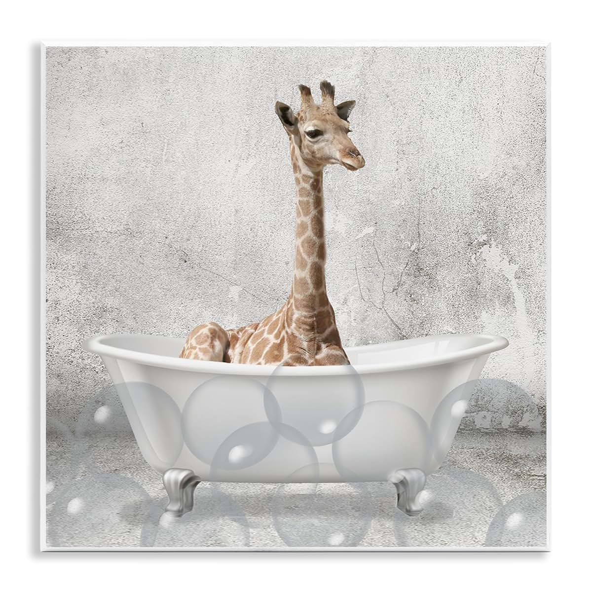 Stupell Industries Baby Giraffe Bath Time Art Plaque for Nursery and Kids Room Decor