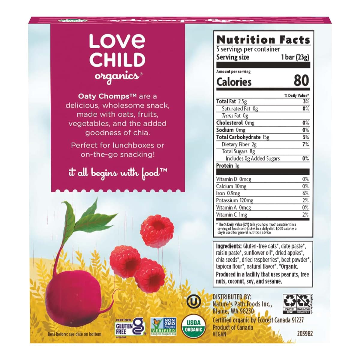 Love Child Organics Oaty Chomps Raspberry + Beet Bars, 4 oz, Pack of 8