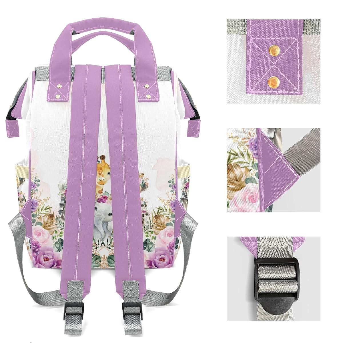 LiSoAkWE Flower Safari Animals Tiger Elephant Personalized Diaper Bag Backpack with Name,Customized Nappy Backpack for (photo 4)