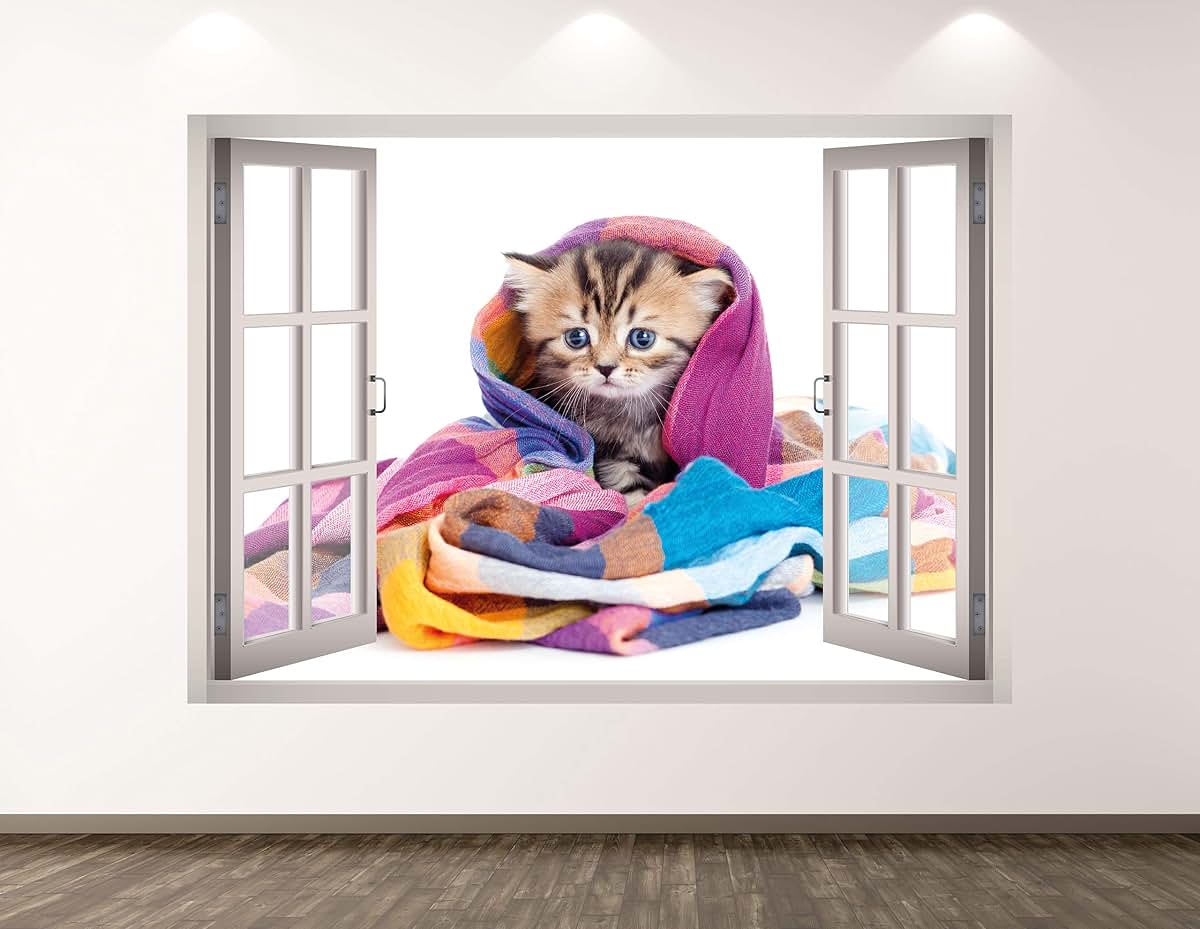 West Mountain Small Cat Wall Decal Art Decor 3D Window Animal Sticker Mural Kids Room Custom Gift BL79 (40"W x 30"H)