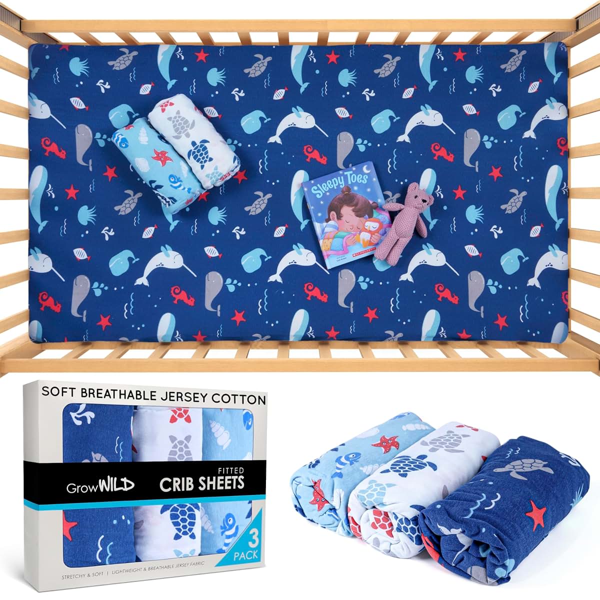 Grow Wild Fitted Crib Sheets 3-Pack, Blue Ocean Jersey Knit Cotton