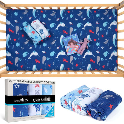 Grow Wild Fitted Crib Sheets 3-Pack, Blue Ocean Jersey Knit Cotton