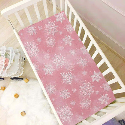 Pfrewn Christmas Fitted Mini Crib Sheet 39x27 Inch Pink Snowflakes Stretch Soft