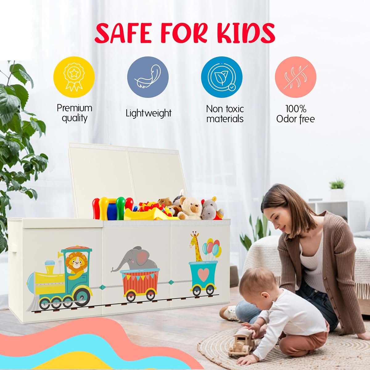 Rossoff Extra Large Collapsible Sturdy Toy Storage Organizer With Lids Animal Train Beige (photo 3)