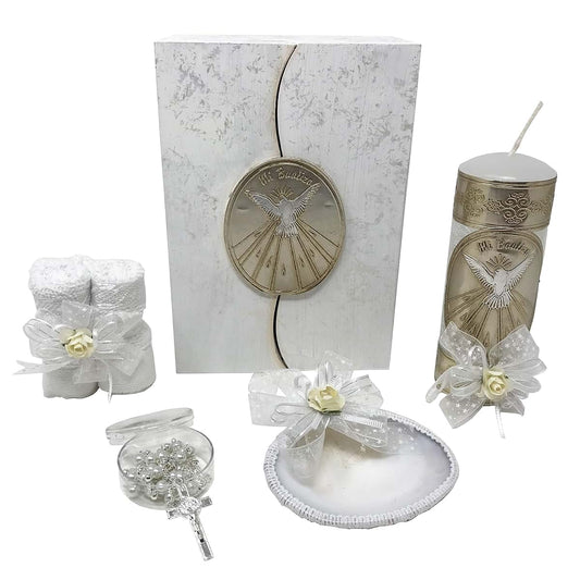 Arcángeles Mexicanos Arcangeles Mexicanos Catholic Baptism Candle Set in a Wooden Box with Towel, Candle, Rosary and