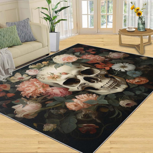 HYGIUID 4x5 Skull Area Rugs - Floral Skeleton Rug for Entryway, Retro Romantic Gothic Washable Entry Way Rugs Kids