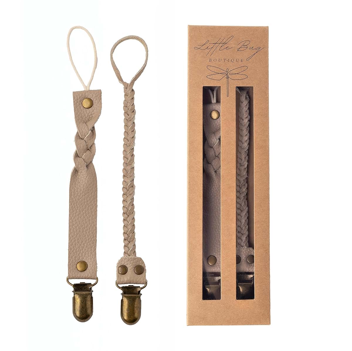 Little Bug Boutique 2-Pack Leather Baby Pacifier Clips - Soft Beige