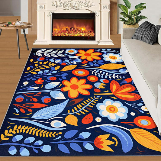 HYGIUID 4x5 Folk-Inspired Florals Area Rugs - Geometric Blooms Rug for Entryway, Boho Flowers Washable Entry Way Rugs