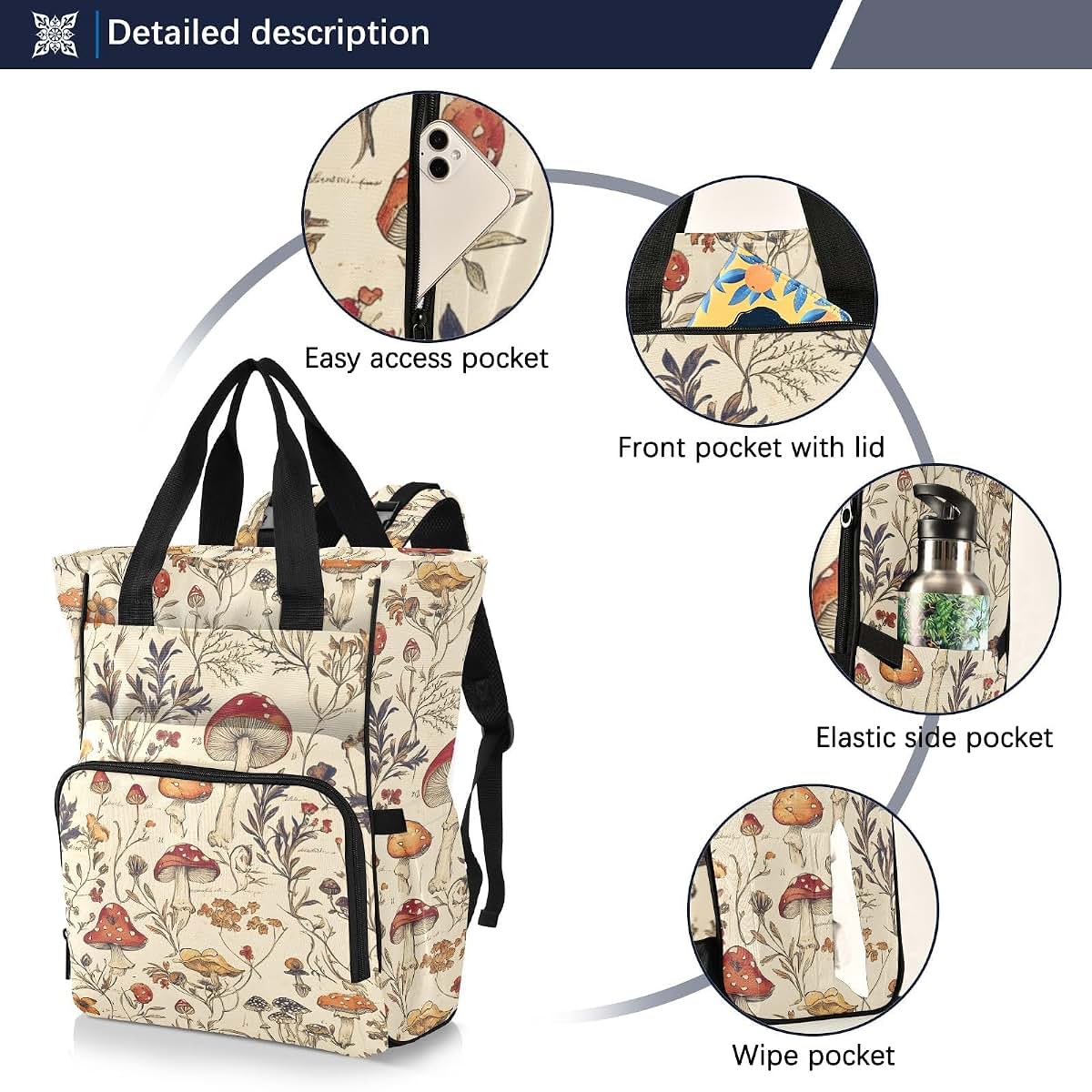 Bolaz Vintage Mushroom Diaper Bag Backpack Tote with Stroller Straps, Large Capacity