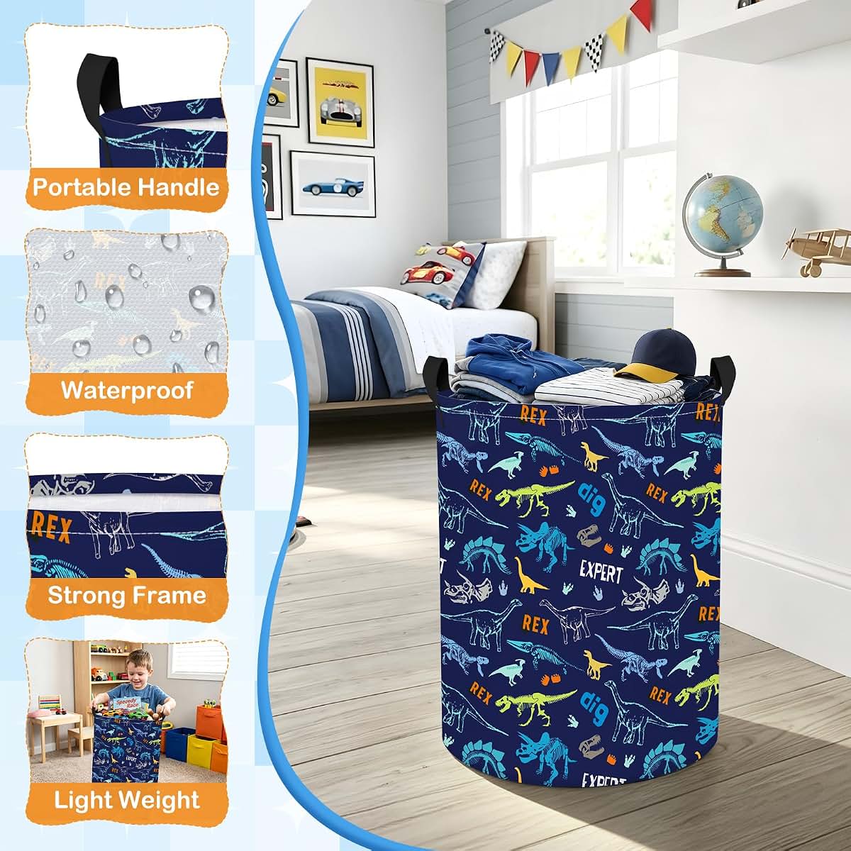 Pomodee Cool dinosaur Kids Folding Laundry Basket Storage Hamper with Handles (photo 3)
