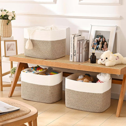 Cube Storage Baskets for Organizing Toys & Clothes | 3-Pack Cotton Rope Organizers