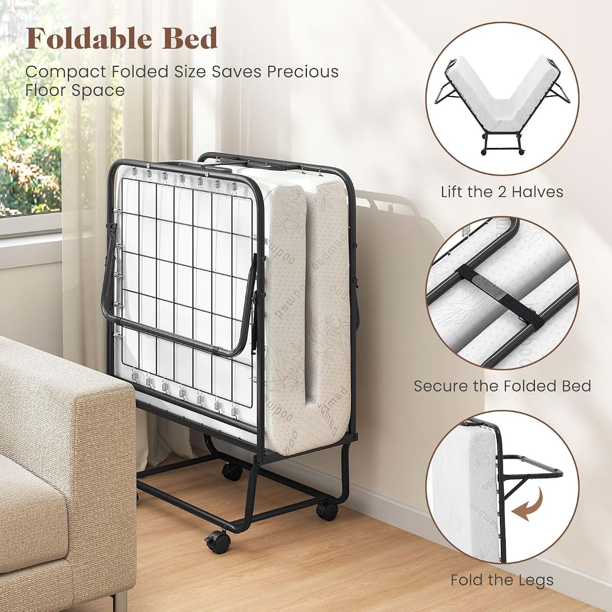 MAT EXPERT Folding Bed with Mattress, 75" x 31" Rollaway Bed, 4" Memory Foam Mattress & Breathable Cover