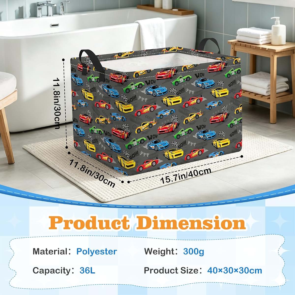 Pomodee Race Car Kids Folding Laundry Basket Storage Hamper with Handles | Polyester Kids Storage Basket, Multi‑Purpose (photo 2)