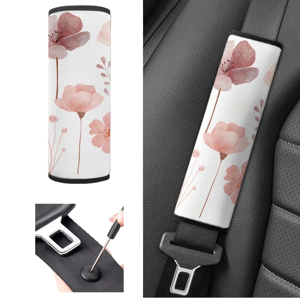 Temdrsuy Infant Car Seat Safety Belt Pad 2-Piece Set Pink Floral Animal Pattern