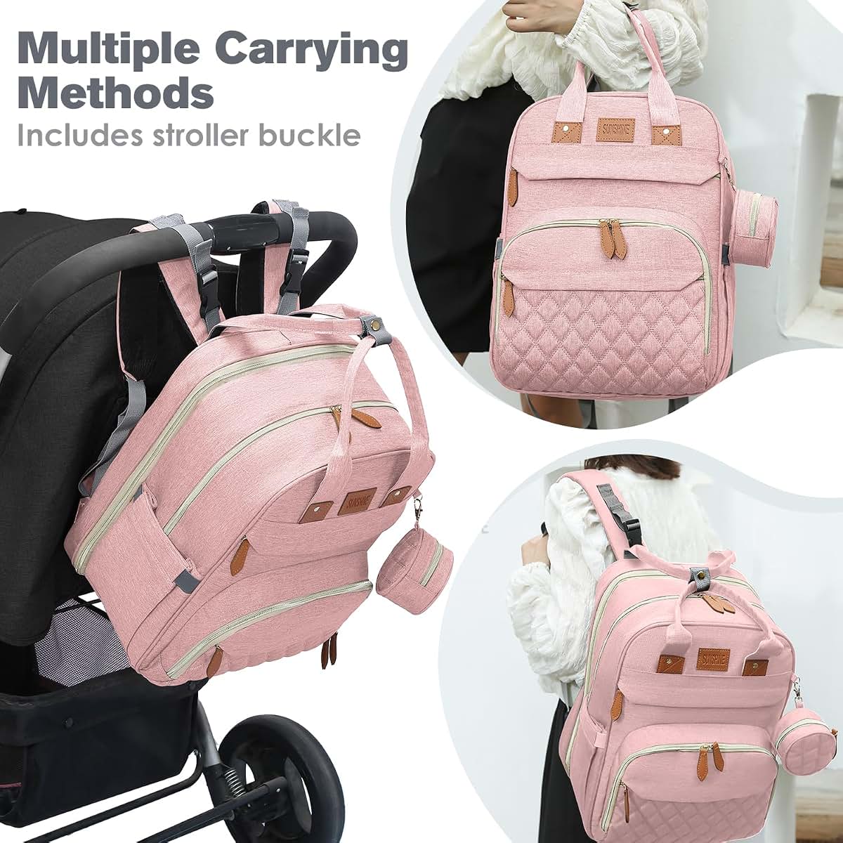 Diaper Bag Backpack with Changing Station, Pink, 25L 900D Nylon, USB Port & Insulated Pockets