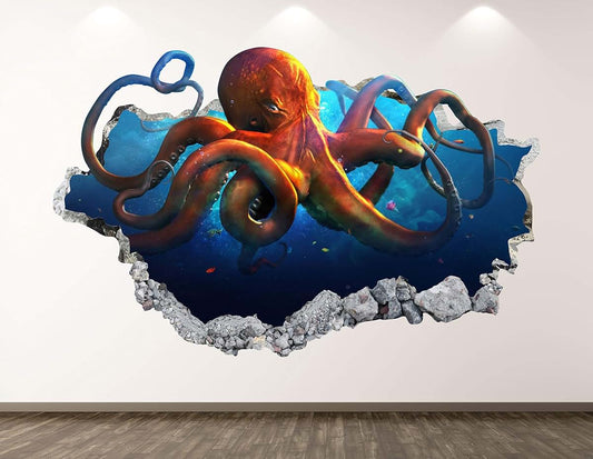 West Mountain Octopus Wall Decal Art Decor 3D Smashed Kids Ocean Animal Sticker Mural Boys Custom Gift BL76 (30"W x18"H)