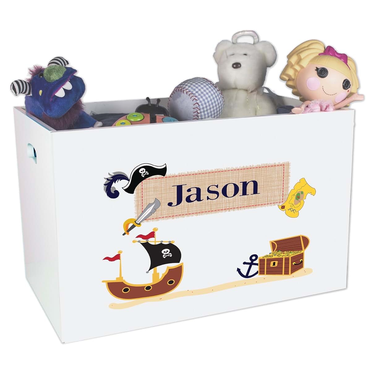 My Bambino Personalized Pirate Treasure Chest Toy Box for Boys Custom White Wooden Farm Theme for Kids Bin Child Safe