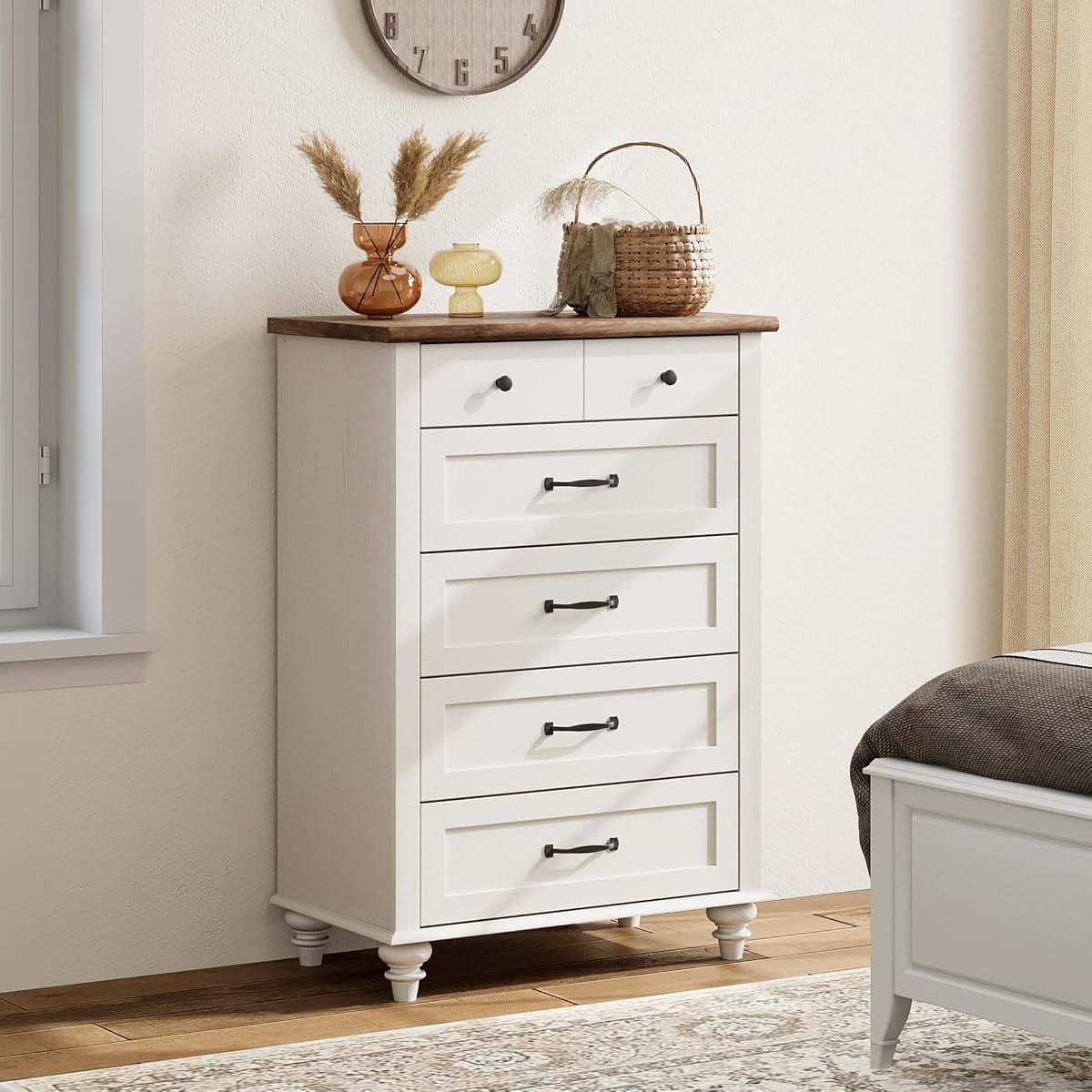 WAMPAT 5-Drawer Mid Century Modern Kids Dresser, Off White