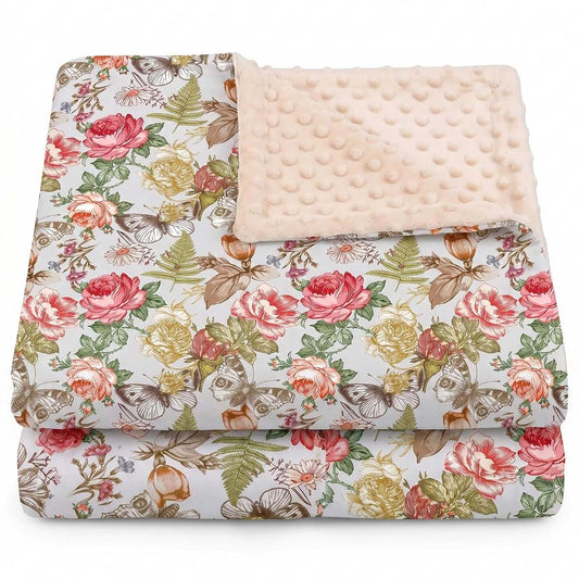 BabyOneStop 30 x 40 Inches Floral Plush Minky Blanket with Double Layer Dotted Backing