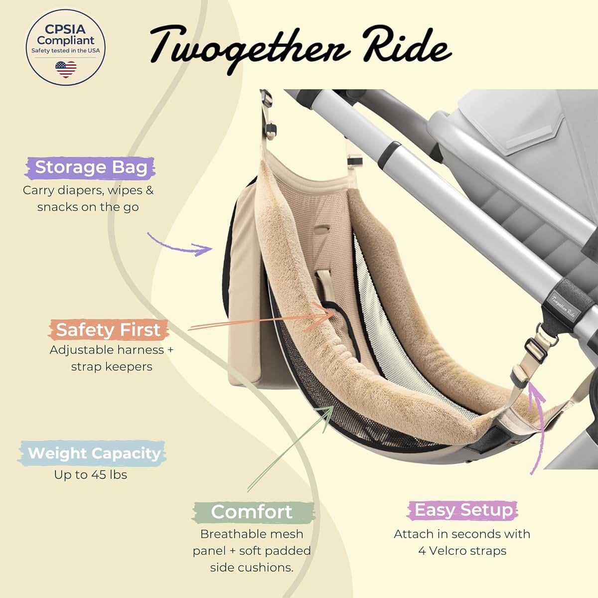 Twogether Ride Hammock Seat Attachment For Strollers - Sandstone (photo 3)
