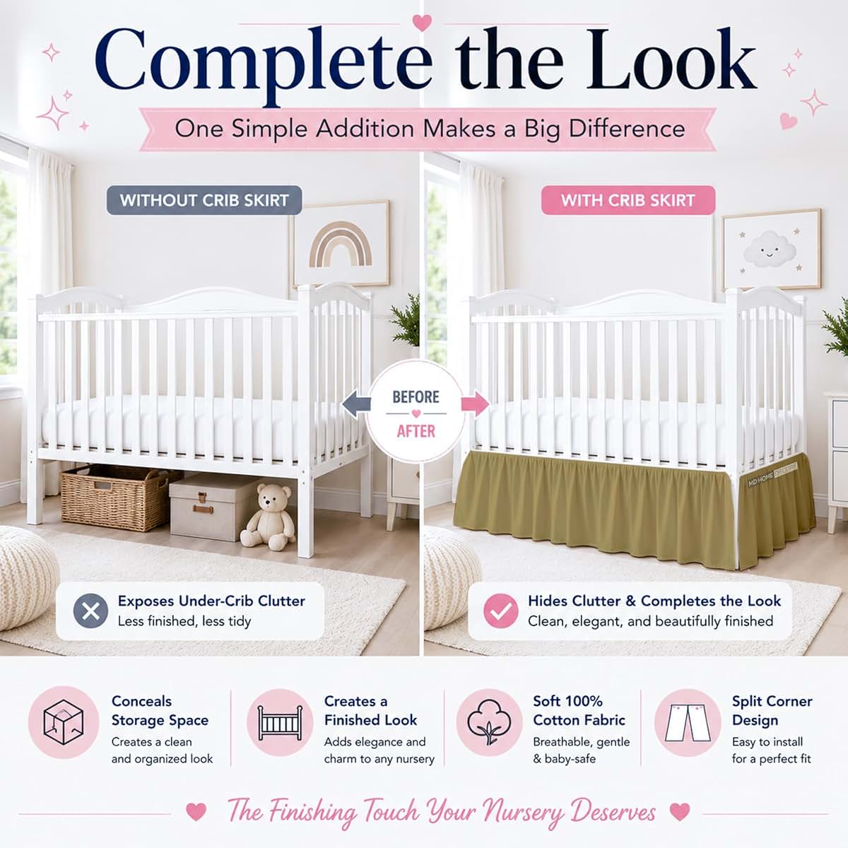 MD Home Decore Crib Bed Skirt Dust Ruffle with Split Corners Cotton, 14" Drop, Taupe (photo 4)