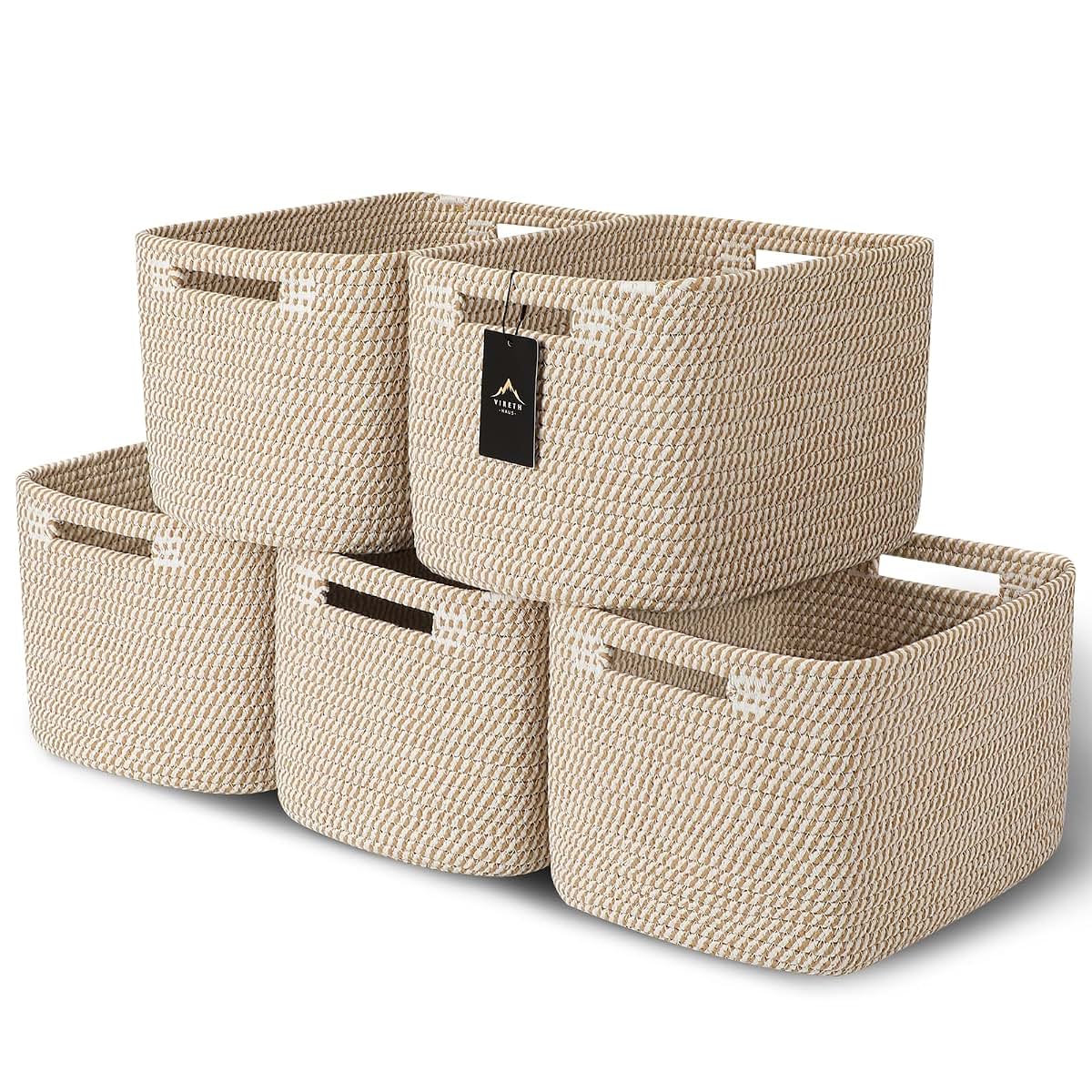 Vireth Haus 5 Pack Storage Baskets For Organizing Khaki