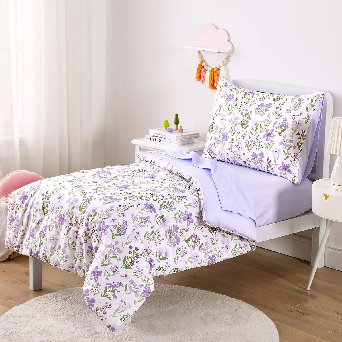 Wake In Cloud Floral Toddler Bedding Set 4 Piece Purple White