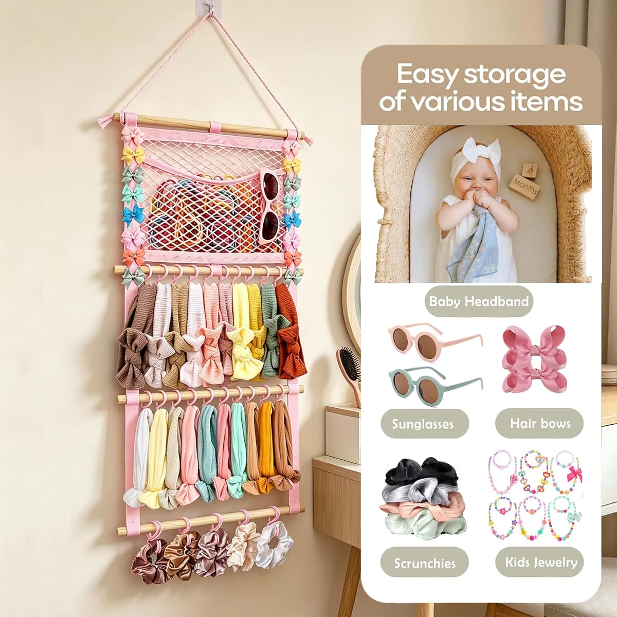 Kangaroo Headband Holder Hair Bows Organizer for Baby Girls, 15"L x 30"H Wall Hanging, Pink