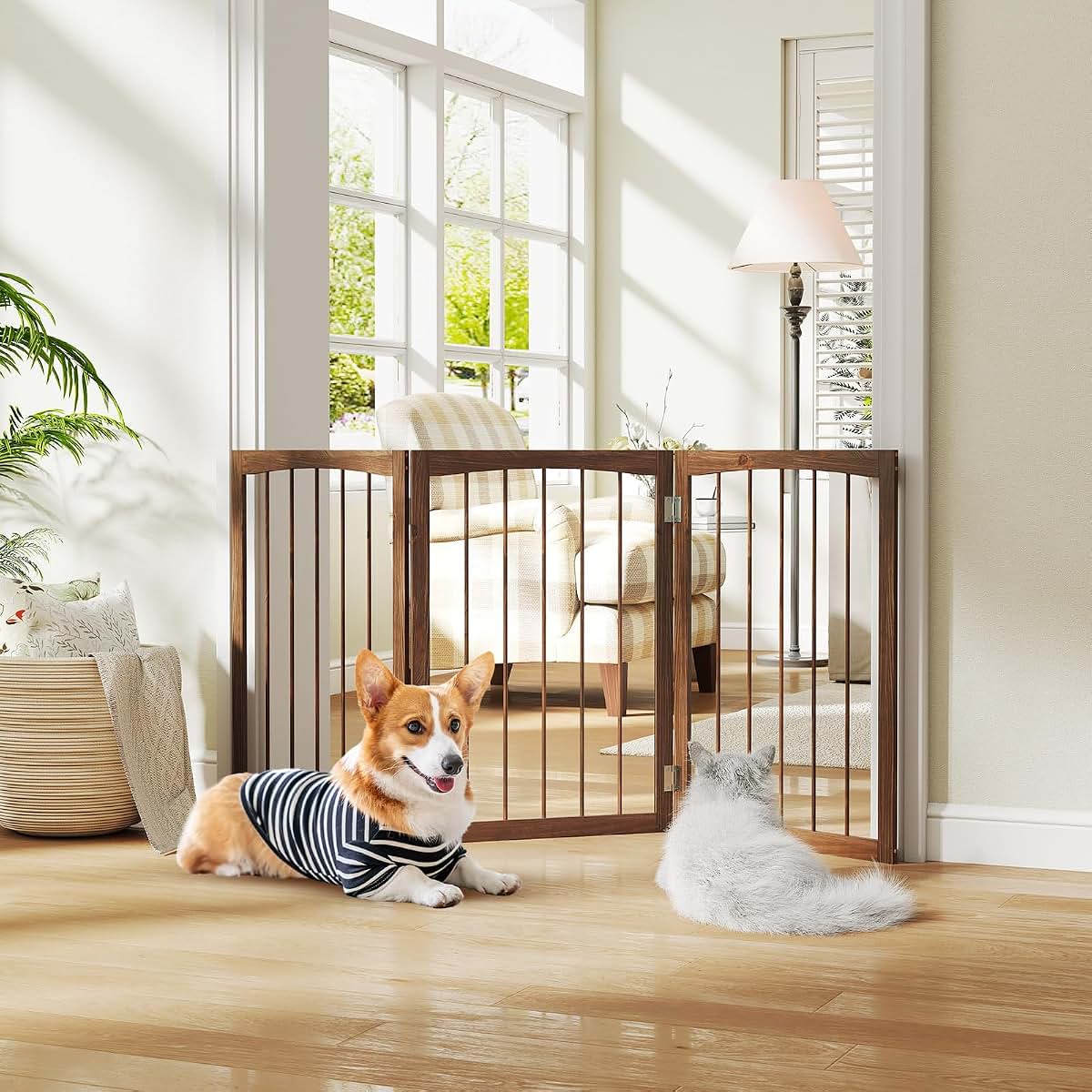 Freestanding 3-Panel Wooden Pet Gate for Small to Medium Dogs