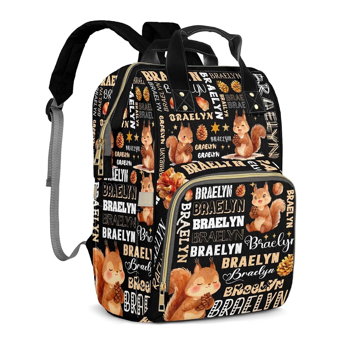 YallLocoMo Personalized Diaper Bag Backpack Name Watercolor Squirrel Pinecone Monogram Clear Up Clutter: Big Capacity (photo 2)