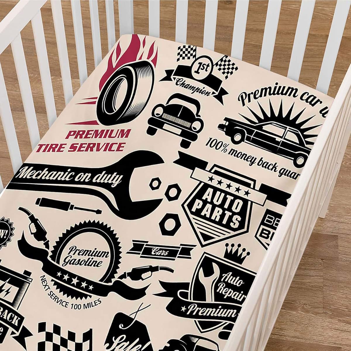 BabyOneStop Retro Car Repair Shop Fitted Crib Sheet, Microfiber