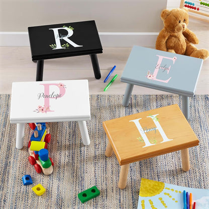 Let's Make Memories Personalized Step Stool - for Ages 3+ - Wood - Floral Design - Gray (photo 2)