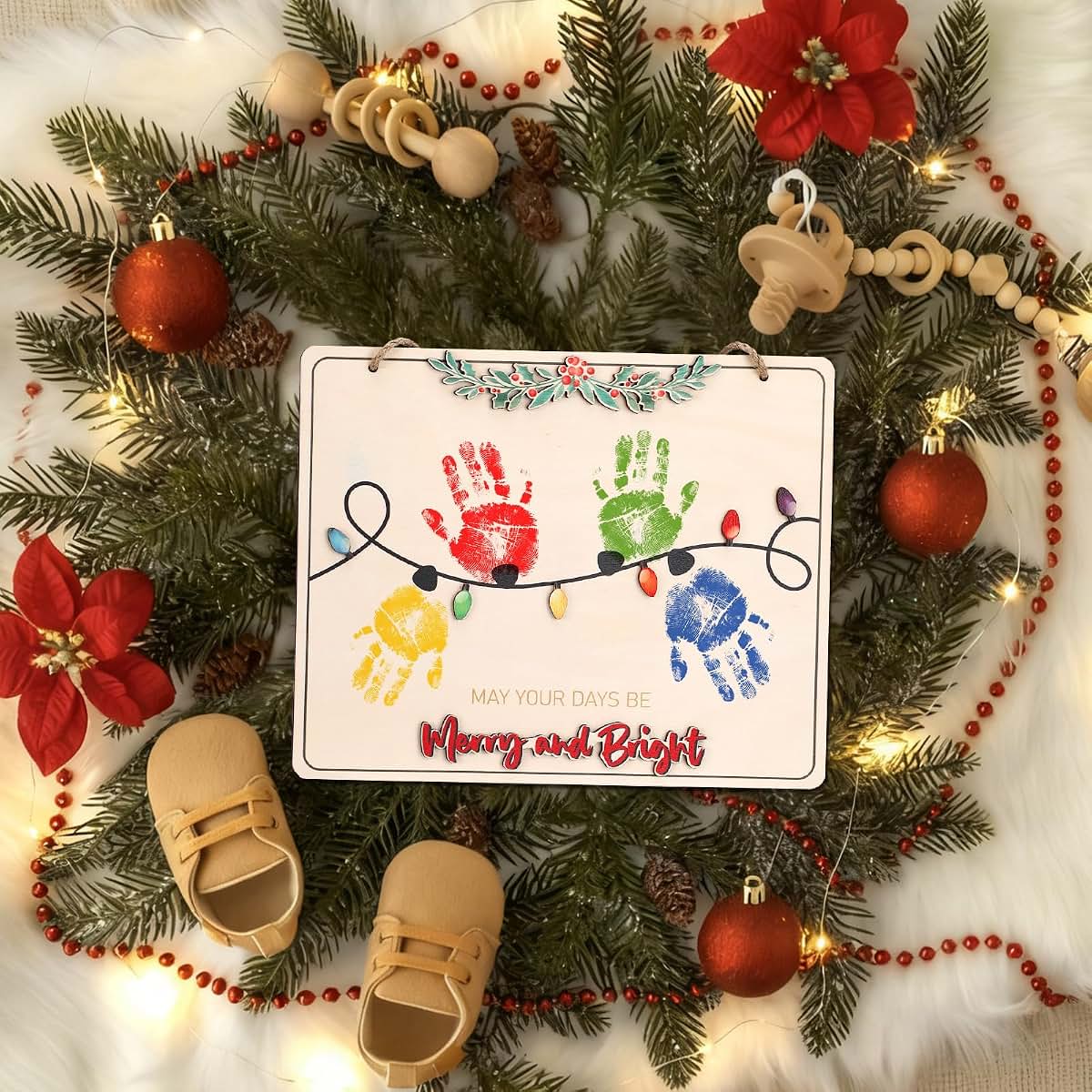 Baby's First Christmas Handprint Ornament, Wooden Mistletoe Lights DIY Keepsake