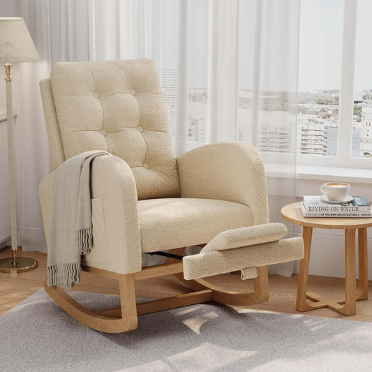LALFPET Modern Nursery Rocking Chair with Adjustable Footrest – High Backrest, Soft Boucle Upholstery, Sturdy Wooden