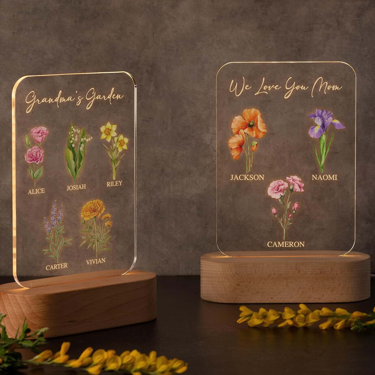Lily's Atelier Custom Engraved Night Light with Kids' Names and Birthflowers (photo 2)