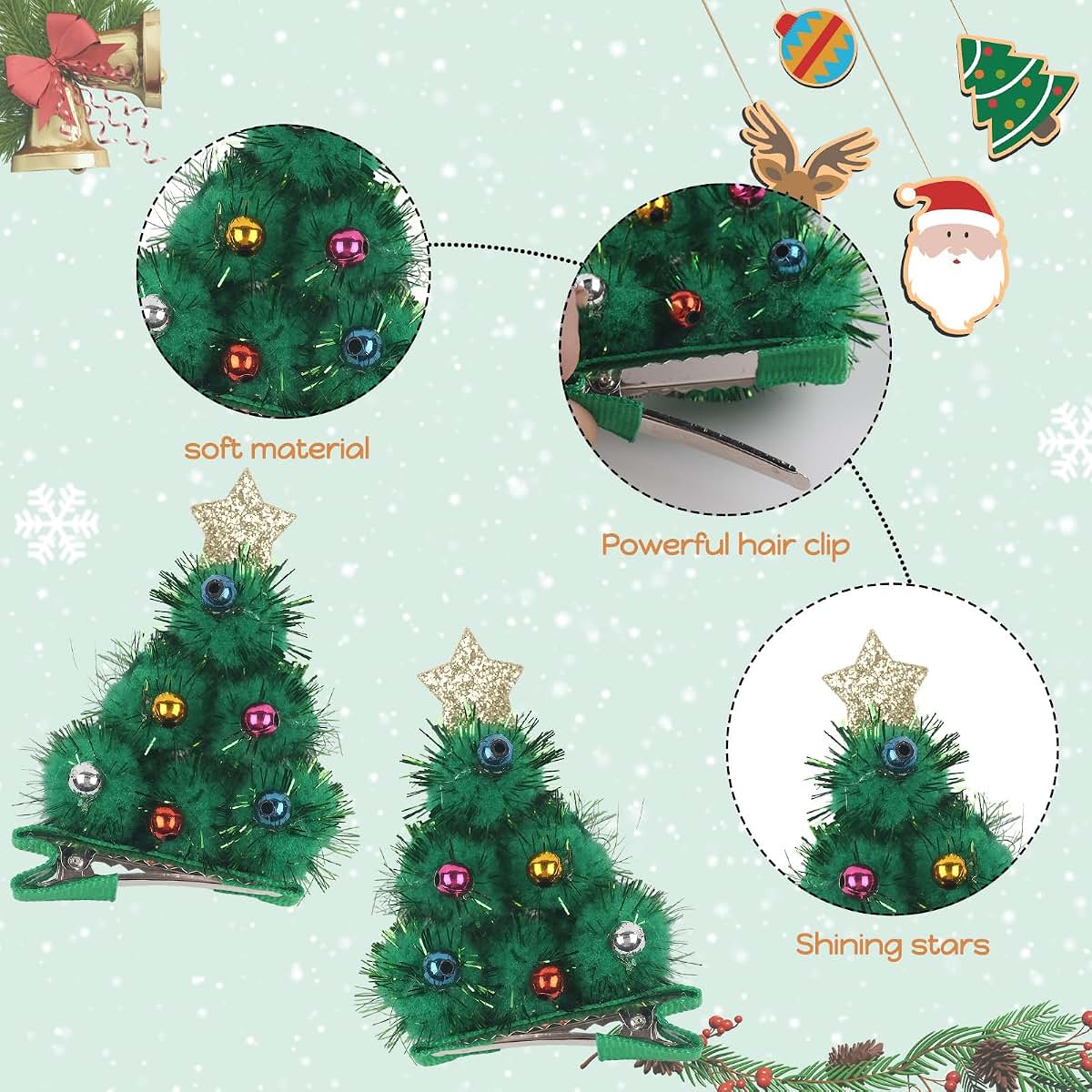 BabyOneStop Green Christmas Tree Hair Clips, 2-Pack with Pearl and Star Design for Girls