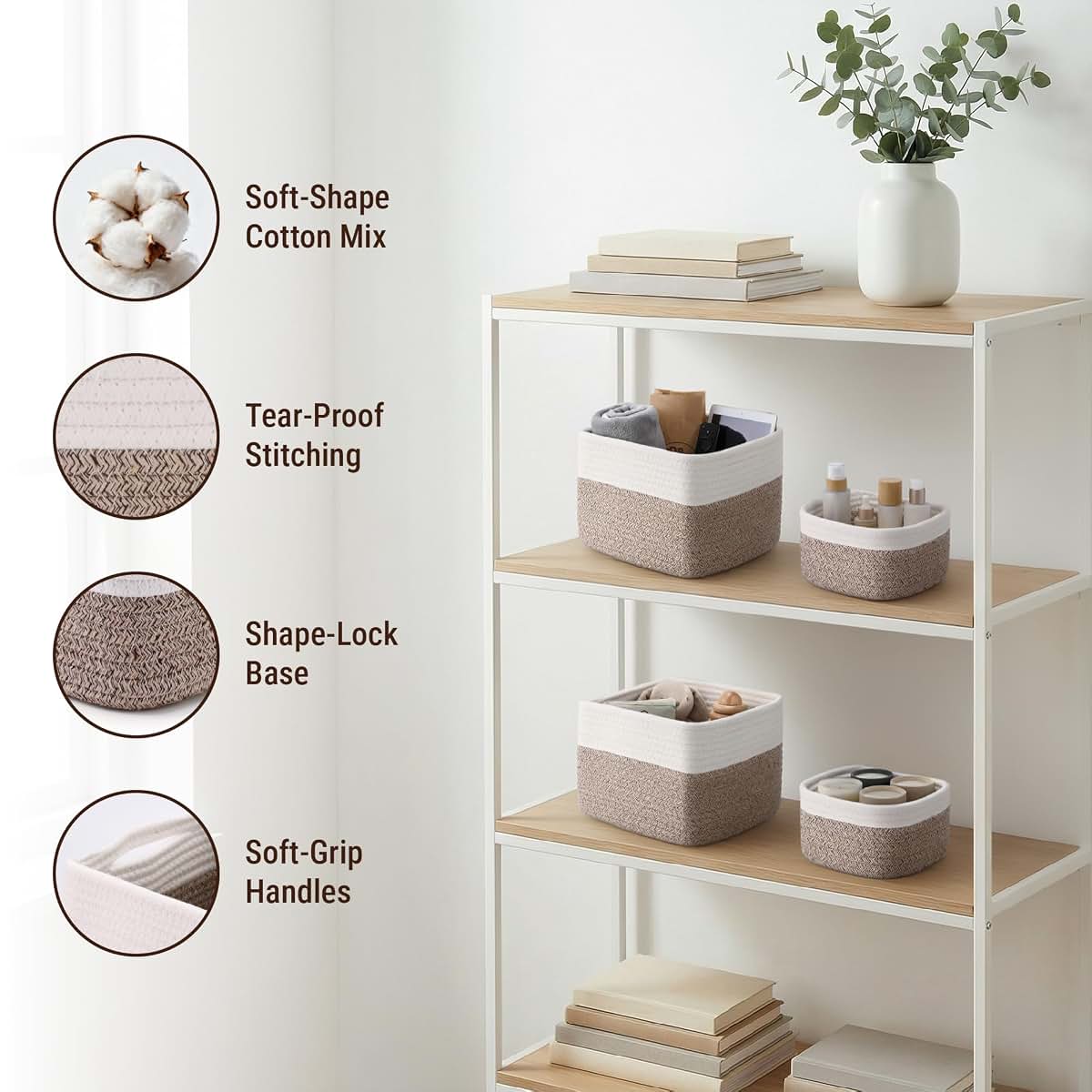 VIRETH HAUS 5-Pack Storage Cubes Woven Rope Baskets, 2 Sizes Organizer Bins (photo 3)