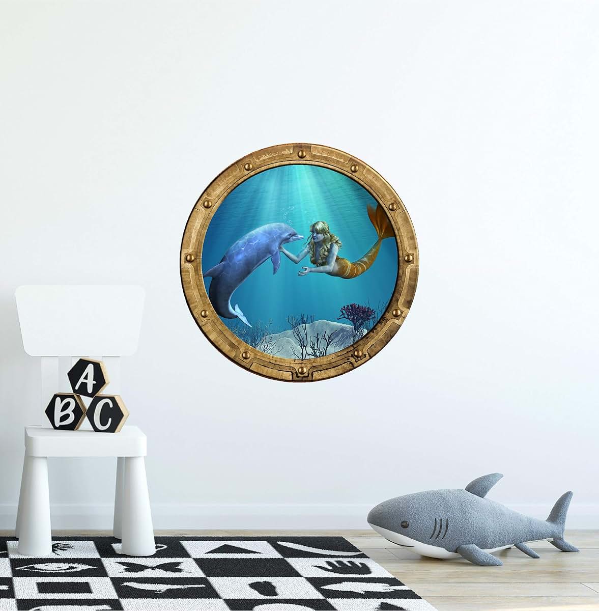 Stickit Graphix Mermaid and Dolphin Porthole Window Wall Decal, 12 Inch