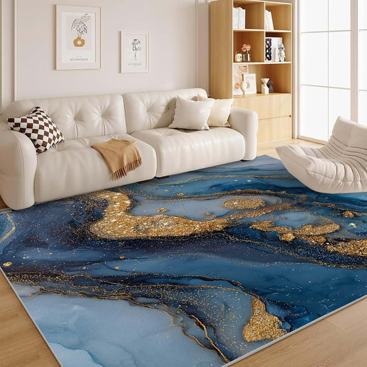 dyausi Neutral Modern Rug - Blue Gold Marble 3x5 Rugs for Bedroom Living Room Low Pile Indoor Washable Aesthetic