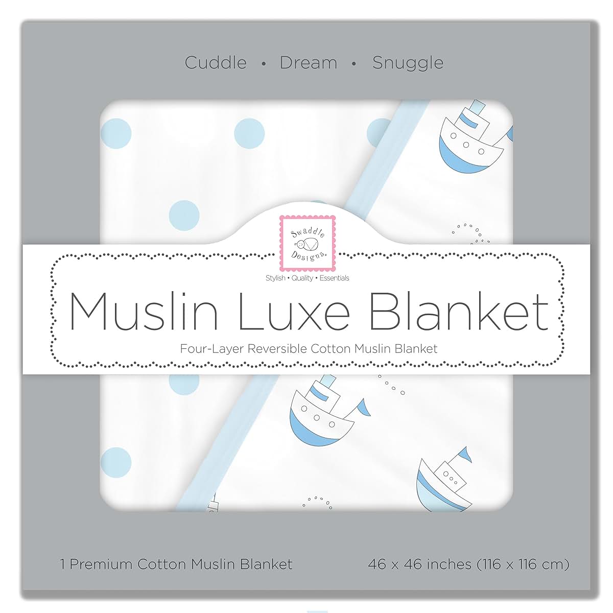 SwaddleDesigns 4-Layer Cotton Muslin Luxe Blanket, Cuddle and Dream, Pastel Blue Nautical Little Ships and Dots