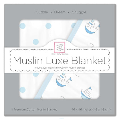 SwaddleDesigns 4-Layer Cotton Muslin Luxe Blanket, Cuddle and Dream, Pastel Blue Nautical Little Ships and Dots