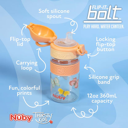Nuby Thirsty Kids Flip-It Bolt Toddler Cup with Silicone Spout, 12 oz, Butterflies