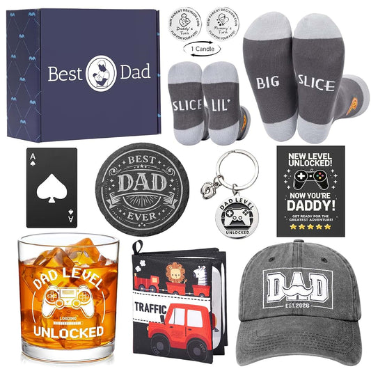 New Dad Gift Set with Hat, Glass, and Cloth Book for Fatherhood