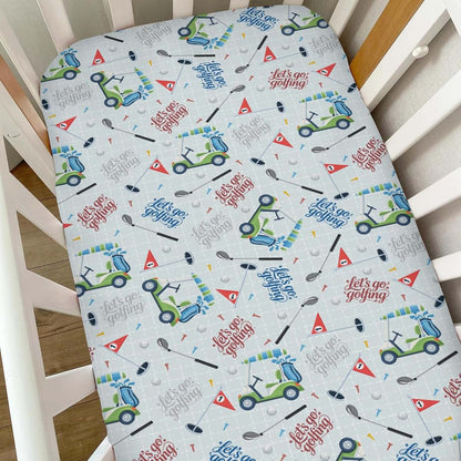 Selgkds Pastel Golfing Baby Crib Sheets for Boys Golf Cart Clubs Tees Balls Soft Snug Fitted Crib Mattress Covers for