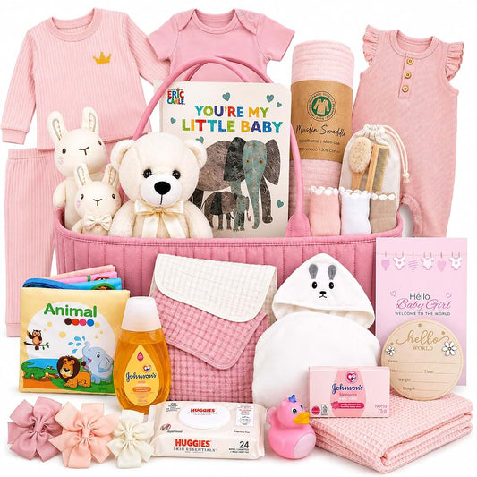 Beyond The Box Premium New Baby Girl Gift Basket In Diaper Caddy Organizer