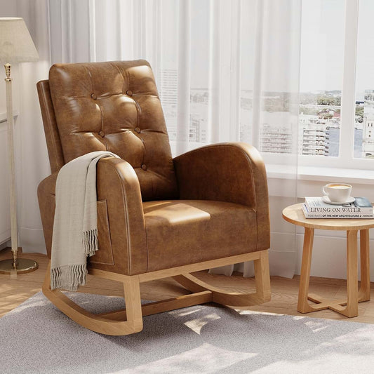 LALFPET Modern High Back Nursery Rocking Chair – Breathable PU Leather Upholstery, Sturdy Wooden Legs, Comfortable
